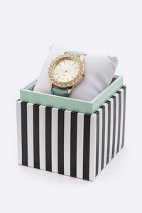 Mint Crystal Bezel Leather Band Fashion Watch