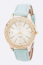 Load image into Gallery viewer, Mint Crystal Bezel Leather Band Fashion Watch