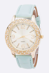 Mint Crystal Bezel Leather Band Fashion Watch