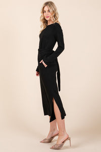 Black Waist Wrap Long Sleeve Dress w/Pockets