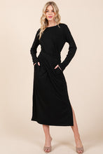 Load image into Gallery viewer, Black Waist Wrap Long Sleeve Dress w/Pockets