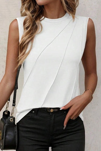 Stylish White Crew Neck Pleated Tank Top