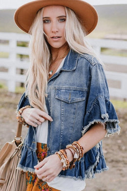 Blue Raw Edge Ruffled Short Sleeve Denim Jacket