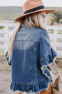 Blue Raw Edge Ruffled Short Sleeve Denim Jacket