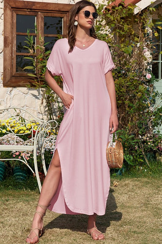 Soft Pink Hidden Pocket Splits Maxi T-Shirt Dress