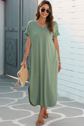 Soft Green Hidden Pocket Splits Maxi T-Shirt Dress