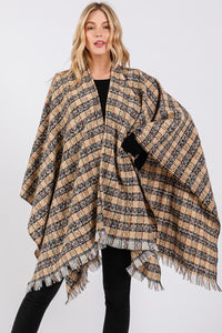 Oversize Plaid Raw Edge Ruana Cardigan