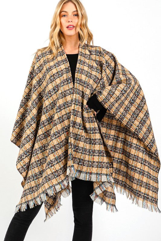 Oversize Plaid Raw Edge Ruana Cardigan