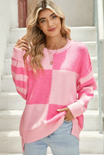 Load image into Gallery viewer, Checkered Color Block Striped High Low Sweater