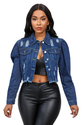 Casual Dark Denim Puff Sleeve Jacket