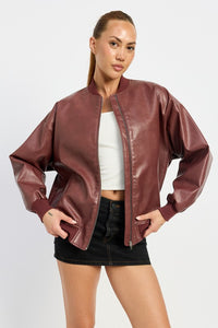 Vintage Burgundy Leather Bomber Jacket