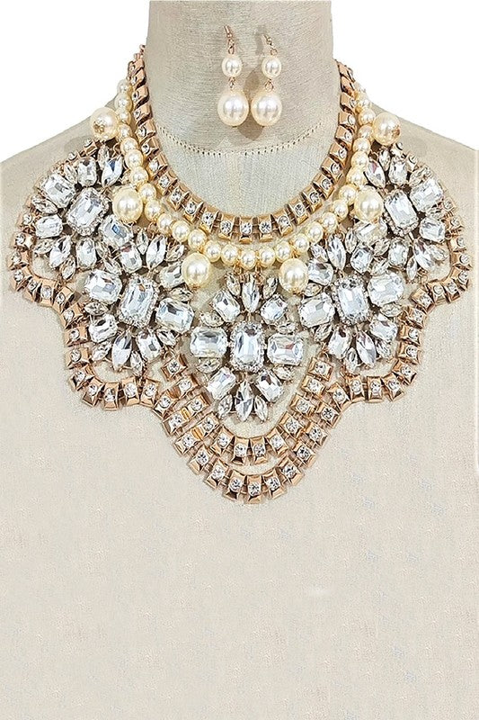 Crystal Flower Pearl Accent Statement Bib Necklace