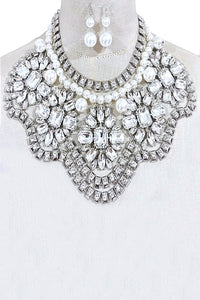 Crystal Flower Pearl Accent Statement Bib Necklace