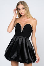 Load image into Gallery viewer, Black Luxe Rhinestone Trim Sweetheart Satin Bubble Hem Dress