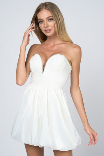 White Luxe Rhinestone Trim Sweetheart Satin Bubble Hem Dress