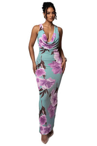 Floral Halter Draped Maxi Dress