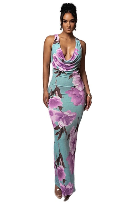 Floral Halter Draped Maxi Dress