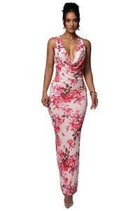 Floral Halter Draped Maxi Dress