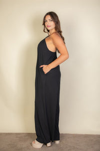 Solid Black Spaghetti Plus Strap Wide Jumpsuit