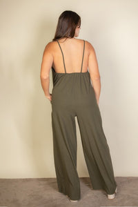 Solid Taupe Spaghetti Plus Strap Wide Jumpsuit