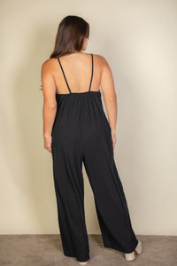 Solid Black Spaghetti Plus Strap Wide Jumpsuit