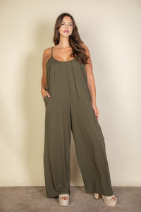 Solid Black Spaghetti Plus Strap Wide Jumpsuit