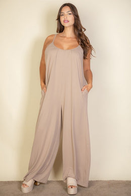 Solid Taupe Spaghetti Plus Strap Wide Jumpsuit