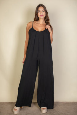 Solid Black Spaghetti Plus Strap Wide Jumpsuit