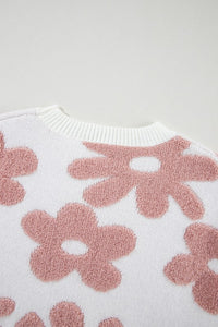 White Flower Drop Shoulder Loose Fit Sweater