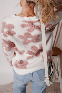 White Flower Drop Shoulder Loose Fit Sweater