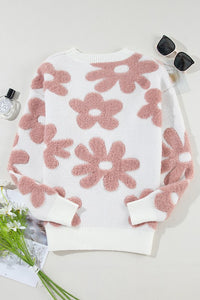 White Flower Drop Shoulder Loose Fit Sweater