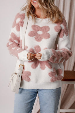 White Flower Drop Shoulder Loose Fit Sweater