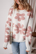 Load image into Gallery viewer, White Flower Drop Shoulder Loose Fit Sweater