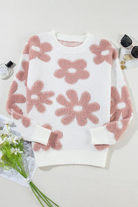 White Flower Drop Shoulder Loose Fit Sweater