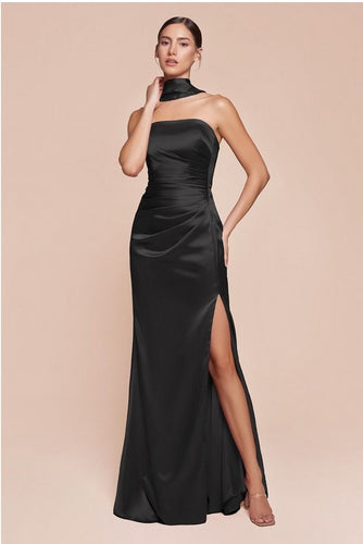 Posh Luxury Strapless Satin Black Gown w/Sash