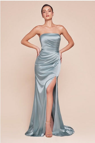 Posh Luxury Strapless Satin Light Blue Gown w/Sash