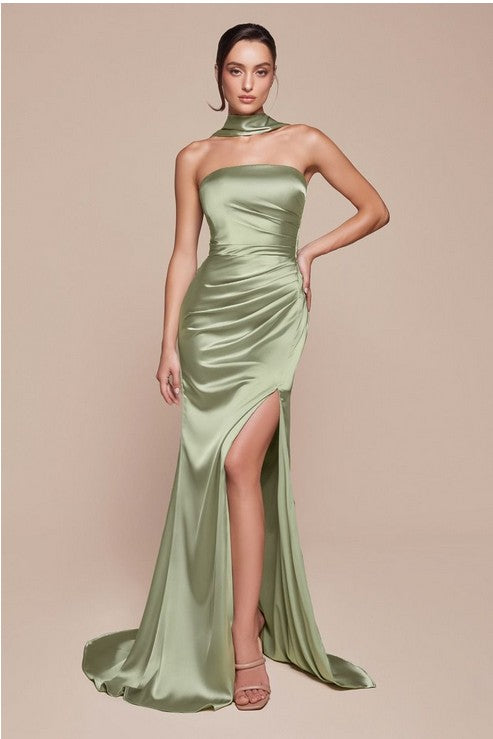 Posh Luxury Strapless Satin Sage Gown w/Sash