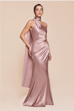 One Shoulder Luxe Satin Rose Gown w/Sash