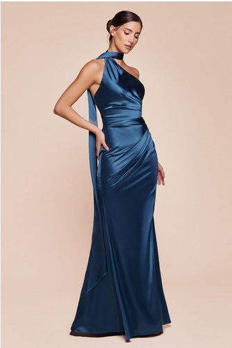 One Shoulder Luxe Satin Navy Blue Gown w/Sash