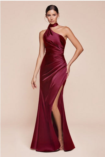 One Shoulder Luxe Satin Burgundy Red Gown w/Sash