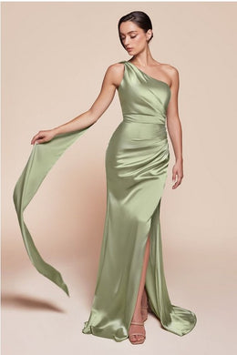 One Shoulder Luxe Satin Sage Green Gown w/Sash