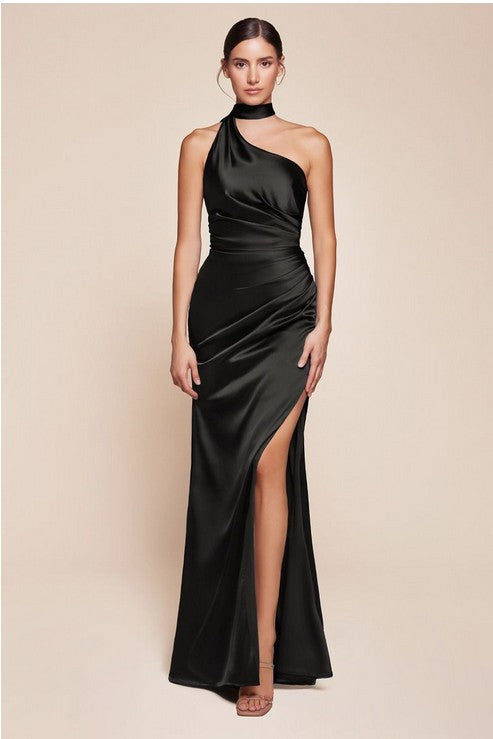 One Shoulder Luxe Satin Black Gown w/Sash