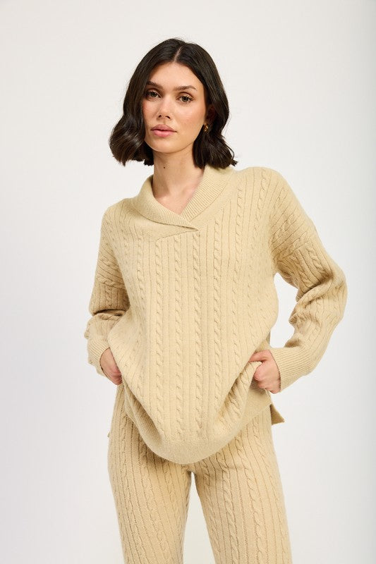 Cable Knit Tan Collered Sweater Top