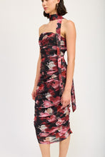 Load image into Gallery viewer, Shirred Black-Red Floral Mini Dress