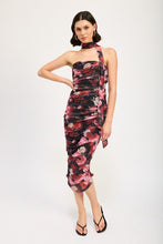 Load image into Gallery viewer, Shirred Black-Red Floral Mini Dress