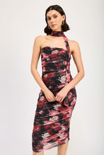 Load image into Gallery viewer, Shirred Black-Red Floral Mini Dress