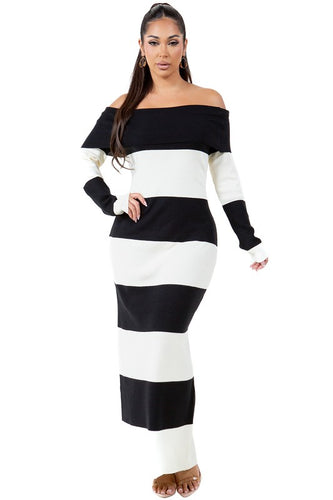 Long Fashion Black-White Maxi Knit Dress