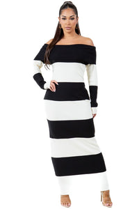 Long Fashion Black-White Maxi Knit Dress