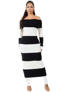 Long Fashion Black-White Maxi Knit Dress