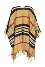 Load image into Gallery viewer, Tan Plaid Print Fringe Poncho Cardigan